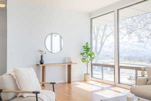 Sitting room featuring wood finished floors, baseboards, and a wealth of natural light