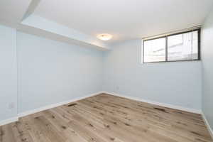 Empty room featuring visible vents, baseboards, and light wood-type flooring