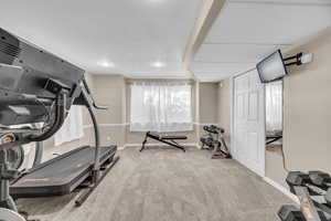 Exercise area/family room with baseboards and carpet floors