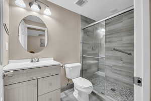 Full bathroom featuring visible vents, a shower stall, toilet, and vanity