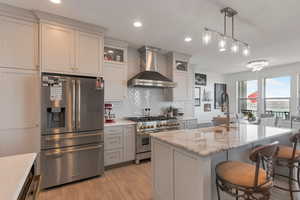 Kitchen with wall chimney exhaust hood, a sink, appliances with stainless steel finishes, decorative backsplash, and a breakfast bar area