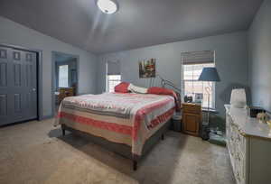 Bedroom featuring light colored carpet, multiple windows, and vaulted ceiling