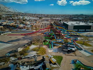 Bird's eye view with a mountain view and waterpark close by