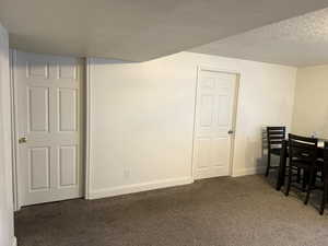 Basement with baseboards, carpet floors, and a textured ceiling