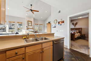 Kitchen with visible vents, plenty of natural light, a sink, stainless steel dishwasher, and dark carpet