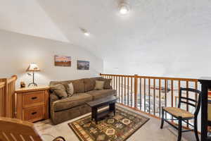 Living area with a textured ceiling, vaulted ceiling, and light carpet