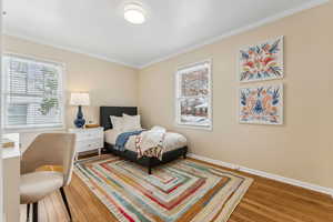 Bedroom with ornamental molding, baseboards, and wood-type flooring