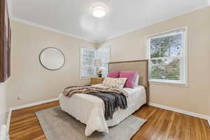 Bedroom featuring baseboards, wood-type flooring, and ornamental molding