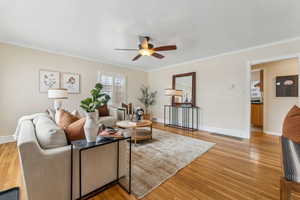 Living area with light wood-style flooring, ornamental molding, baseboards, and ceiling fan