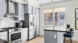 Kitchen with a breakfast bar area, appliances with stainless steel finishes, crown molding, wall chimney range hood, and tasteful backsplash