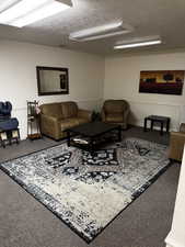 Living room featuring baseboards, carpet floors, and a textured ceiling