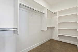 Walk in closet featuring dark colored carpet