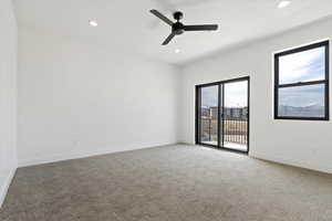 Spare room featuring recessed lighting, carpet, baseboards, and ceiling fan
