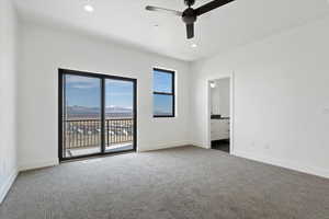 Unfurnished room with a ceiling fan, carpet flooring, recessed lighting, and baseboards
