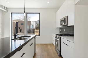Kitchen featuring a sink, stainless steel appliances, white cabinets, light wood-style floors, and backsplash