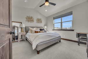 Bedroom featuring a ceiling fan, baseboards, lofted ceiling, recessed lighting, and light carpet