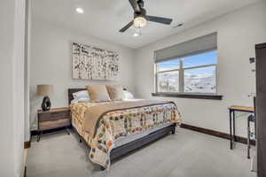 Bedroom with carpet, baseboards, visible vents, recessed lighting, and ceiling fan