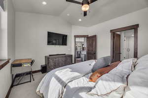 Carpeted bedroom featuring recessed lighting, baseboards, lofted ceiling, and ceiling fan