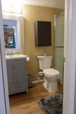 Full bathroom featuring vanity, toilet, and a shower