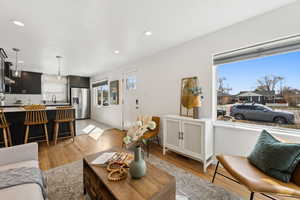 Bright, open and updated living room and kitchen.