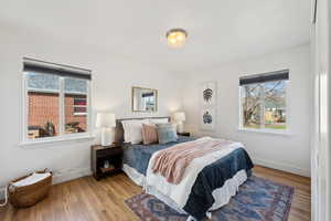 Bedroom featuring multiple windows, baseboards, and light wood finished floors