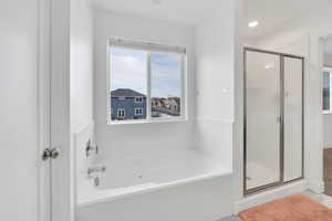 Full bathroom with a bath and a stall shower
