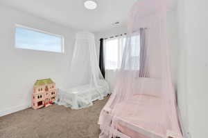 Bedroom featuring visible vents, multiple windows, carpet, and baseboards