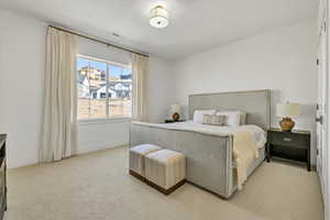 Bedroom featuring visible vents, light colored carpet, and baseboards