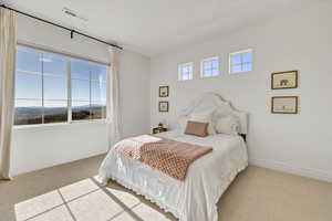 Bedroom with visible vents, baseboards, and carpet floors