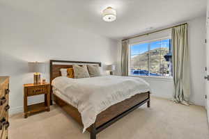 Bedroom with baseboards, light carpet, and visible vents