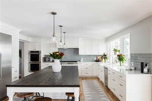 Kitchen with white cabinets, decorative backsplash, stainless steel high end appliances, light wood-style floors and a large island with seating.