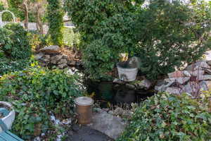 Exterior Koi pond, well groomed vegetation with fence