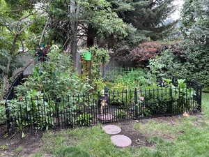 View of backyard with fence.