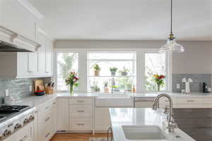 Kitchen with stainless steel gas cooktop, extra sink, and a healthy amount of sunlight.