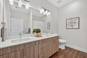 Full bathroom with dark wood-style floors, double vanity, and curtained shower