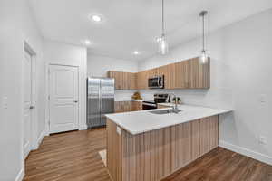 Kitchen with stainless steel appliances, tasteful backsplash, decorative light fixtures, dark wood-style floors, and recessed lighting