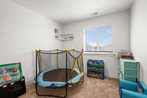 Bedroom with visible vents, carpet flooring, and baseboards