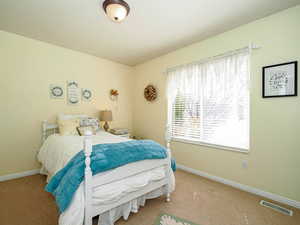 Carpeted bedroom featuring visible vents and baseboards