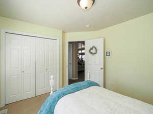 Bedroom with a closet, visible vents, and carpet floors