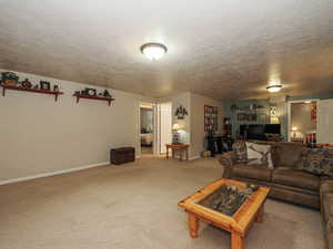 Carpeted living area featuring baseboards and a textured ceiling