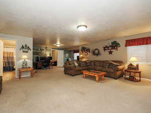 Living area featuring baseboards, a textured ceiling, and carpet flooring