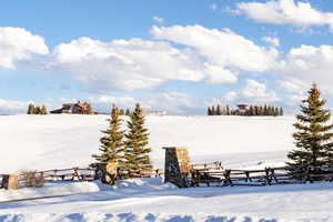 View of yard layered in snow