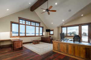 Office space with recessed lighting, dark wood finished floors, ceiling fan, beam ceiling, and high vaulted ceiling