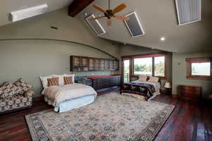 Bedroom with recessed lighting, beam ceiling, hardwood / wood-style floors, and high vaulted ceiling