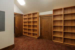Spacious closet with electric panel, dark carpet, and lofted ceiling