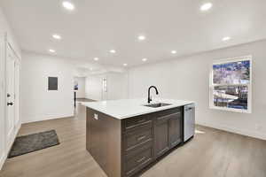 Kitchen featuring a sink, dishwasher, light countertops, and light wood finished floors