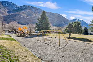 Communal playground with a mountain view