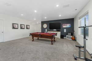 Rec room with recessed lighting, baseboards, carpet, and pool table