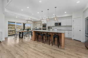 Kitchen with backsplash, white cabinets, appliances with stainless steel finishes, and light wood-style flooring