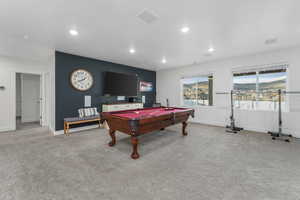 Playroom featuring recessed lighting, carpet, and baseboards